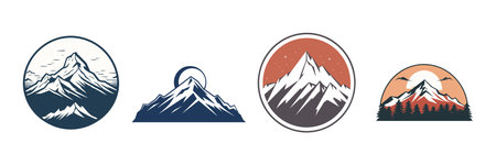 Set of vintage travel mountains badges. Mountain expedition logo design isolated. Vector illustrationのイラスト素材