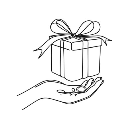 Human hand holding gift box in continuous line isolated. Vector illustrationのイラスト素材