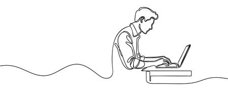 Man, guy sitting at a laptop at a table drawn with one line. Vector illustrationのイラスト素材