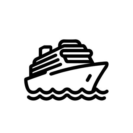 Black line art icon of a cruise ship on waves isolated on a white background. Vector illustrationのイラスト素材