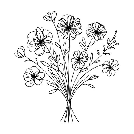 Drawn bouquet of flowers in one line. Vector illustration.のイラスト素材