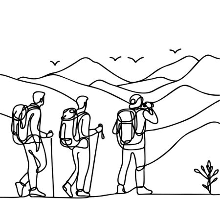 Drawn three guys in the mountains in one line. Vector illustration.のイラスト素材