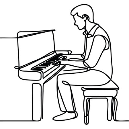 one continuous line drawing of a pianist playing a classic grand piano.のイラスト素材