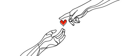 drawn in a continuous single line, a hand gives a heart to its partner. Romantic coupleのイラスト素材