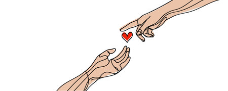 drawn in a continuous single line, a hand gives a heart to its partner. Romantic coupleのイラスト素材