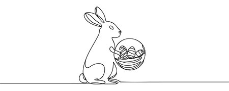 Easter bunny with colored eggs drawn in one line.のイラスト素材