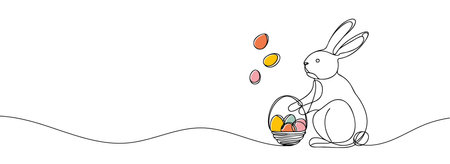 Easter bunny with colored eggs drawn in one line.のイラスト素材