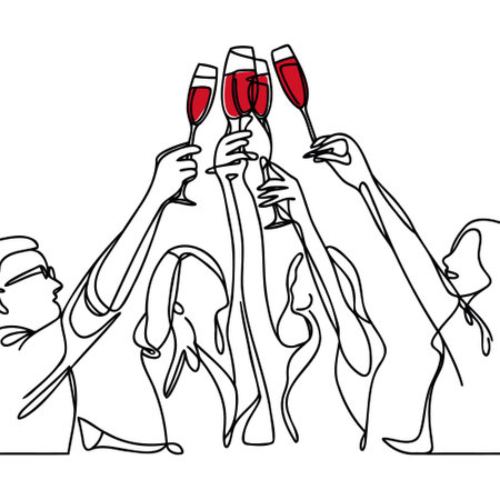 Hands hold glasses of wine, one line is a continuous outline of the drawingのイラスト素材