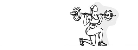 Single continuous line drawing of a young girl with a barbell in the gymのイラスト素材