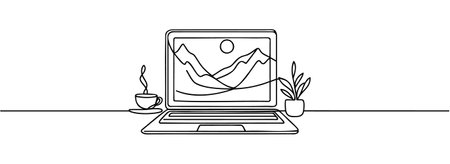 Single continuous line drawing of laptop computer laptop isolated on white background. Vector illustration.のイラスト素材