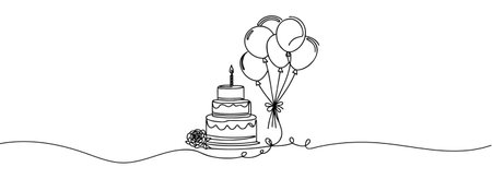 Happy Birthday continuous one line drawing of birthday balloon and birthday cakeのイラスト素材