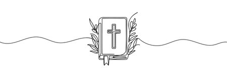 Continuous one line drawing silhouette of Bible. Bible linear icon. One line drawing background. Vector illustrationのイラスト素材