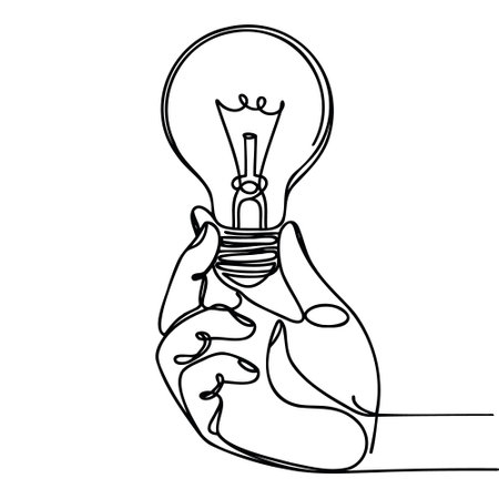 One continuous line draws a light bulb in a hand.のイラスト素材