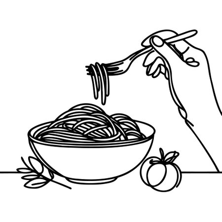 One continuous line drawing of fresh delicious Italian spaghetti pasta restaurant  emblem. Italy fast food noodle shop  template conceptのイラスト素材