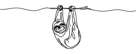 One single line drawing of lovely adorable sloth sleeping at branch tree for identity. Cute mammal mascot concept for zoo icon.のイラスト素材
