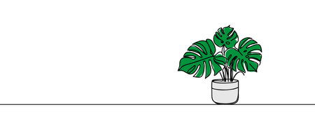Monstera house plant in pot one line continuous drawing vector illustration. Hand drawn linear iconのイラスト素材