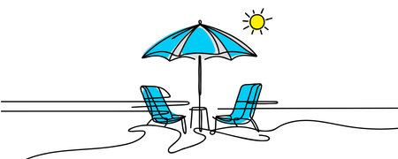 Beach umbrella and two chairs in one continuous line drawing.のイラスト素材