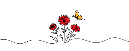 The flowers are drawn as a continuous line. Vector illustrationのイラスト素材