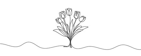 Continuous one line drawing tulips. Spring concept. Single line draw design vector illustrationのイラスト素材