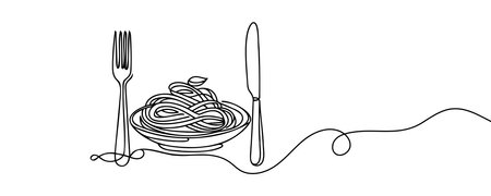 One continuous line drawing of fresh delicious Italian spaghetti pasta restaurant emblem. Italy fast food noodle shop template conceptのイラスト素材