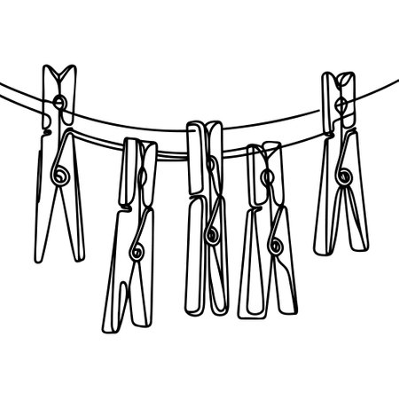 clothespins hanging on a rope drawn as a continuous line.のイラスト素材
