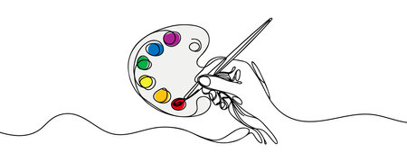 palette with paints and a hand with a brush drawn one line on a white background.のイラスト素材