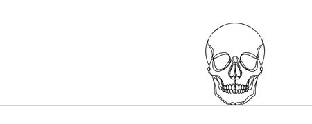 Human skull. One line continuous Halloween skull isolated on white background. Line art outline vector illustration.のイラスト素材