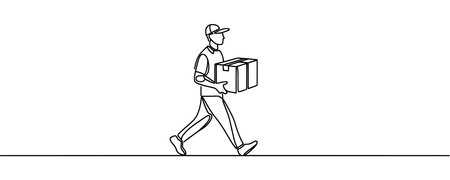 continuous one line drawing of parcel delivery. Young guy with a shopping delivery box on a white background.のイラスト素材