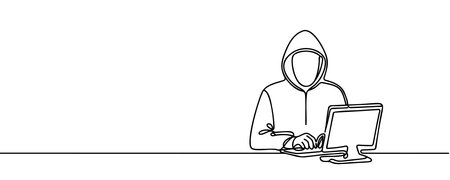 One line continuous cyber security hacker symbol. Silhouette of online financial security thief. vector illustration.のイラスト素材