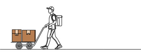 Single line drawing of a courier with a cardboard box with a trolley. Delivery service concept. Vector illustration of continuous line drawing.のイラスト素材