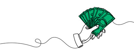 A stack of money in hands, 100 dollars in one line. Continuous money line drawing.のイラスト素材