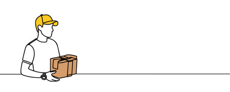 continuous one line drawing of parcel delivery. Young guy with a shopping delivery box on a white backgroundのイラスト素材