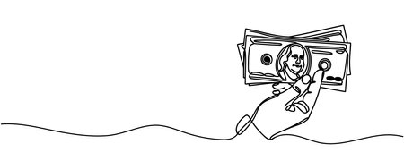 A stack of money in hands, 100 dollars in one line. Continuous money line drawing.のイラスト素材