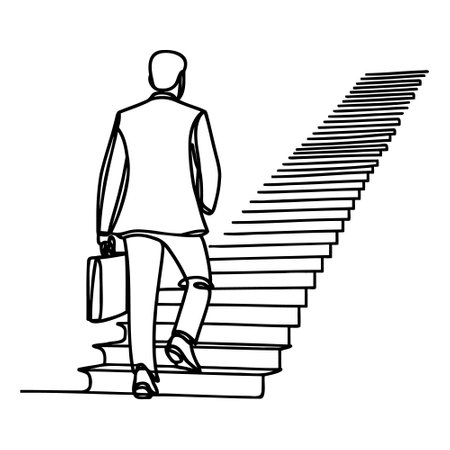 Continuous one line drawing. Reach the target. Businessman climbing stairs to the target. Concept business vector illustration.のイラスト素材