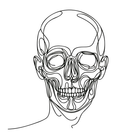 Human scull. One line continuous Halloween skull isolated on white background. Line art outline vector illustration.のイラスト素材