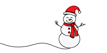 Merry Christmas decoration. Wavy line with snowman. Continuous one line art drawing. Vector illustration.のイラスト素材
