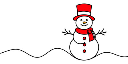 Merry Christmas decoration. Wavy line with snowman. Continuous one line art drawing. Vector illustration.のイラスト素材