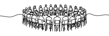 group of people sitting in a circle for a discussion or meeting drawn by one line. Vector illustrationのイラスト素材