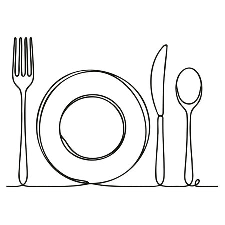 continuous line drawing of fork, plate, knife and spoon. minimalist one line drawing of cutlery. single line vector illustration. isolated white background.のイラスト素材