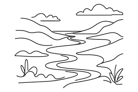 Landscape. Mountain lake. High mountains. Forest lake in rocks. Landscape. One continuous line. Linear. Drawn one continuous line, white backgroundのイラスト素材