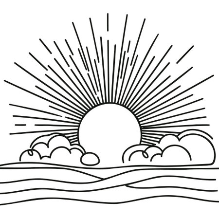 one continuous line drawing of sunset viewのイラスト素材