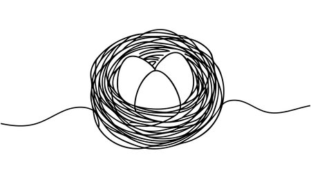 continuous line drawing of chicken eggs. one line drawing of chicken eggs in basket. isolated white background.のイラスト素材