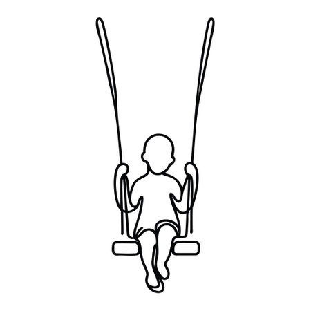 Child on swing in continuous line drawing style isolated on white background. Vector illustration.のイラスト素材