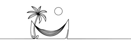 palm trees and hammock one line continuous drawing on white background.のイラスト素材
