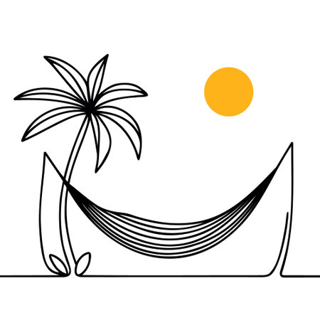 palm trees and hammock one line continuous drawing on white background.のイラスト素材