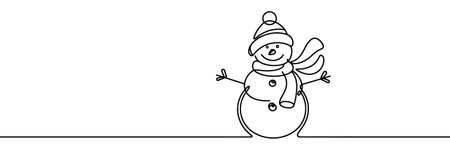 Merry Christmas decoration. Wavy line with snowman. Continuous one line art drawing. Vector illustration.のイラスト素材
