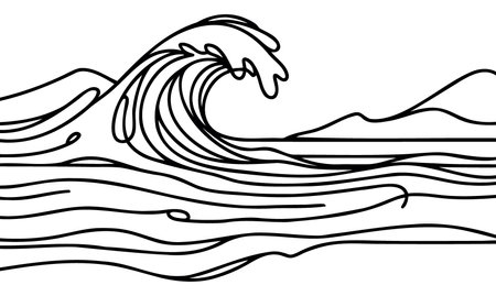 One continuous Line drawing of sea wave. Modern abstract seascape and concept for surf club in simple linear style. Doodle vector illustrationのイラスト素材