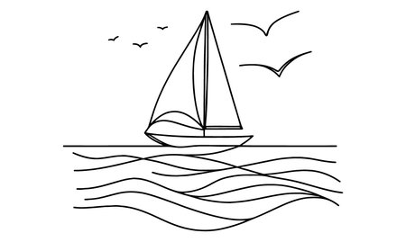 Continuous line drawing of yacht. Abstract sailing vessel silhouette. Template for your design works. Vector illustration.のイラスト素材