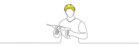 Worker holding a drill. Editable one continuous lineのイラスト素材