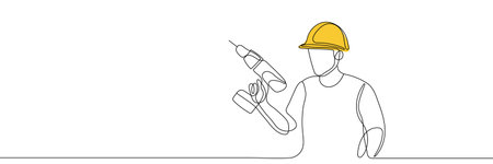 Worker holding a drill. Editable one continuous lineのイラスト素材